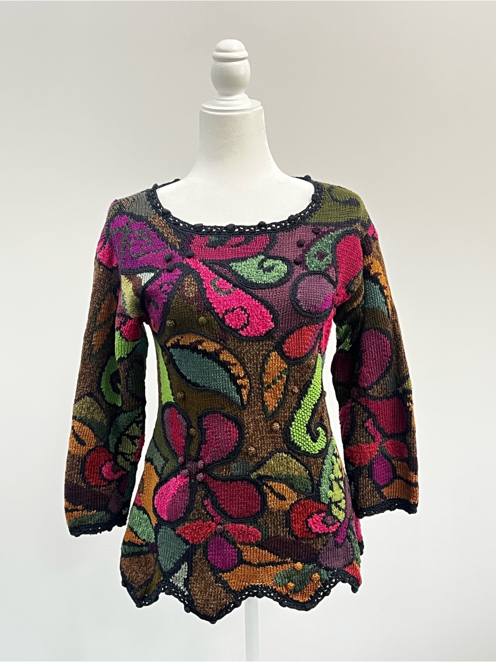 Peruvian Connection Multicolor Floral Knit 100% Pima Cotton Scoop Sweater M